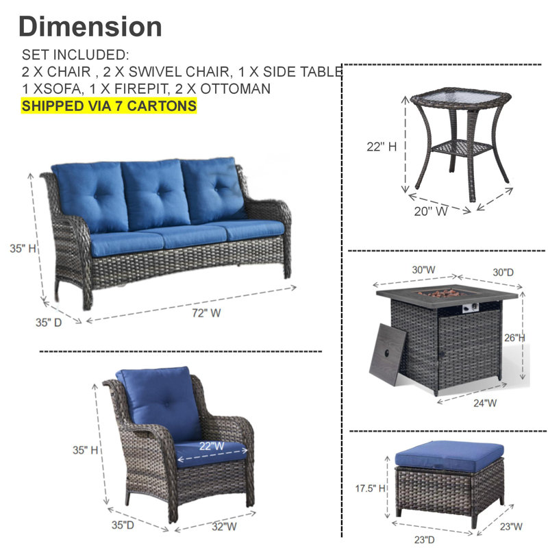 Ensemble de conversation d'extérieur avec foyer et coussins Claritza, Bleu