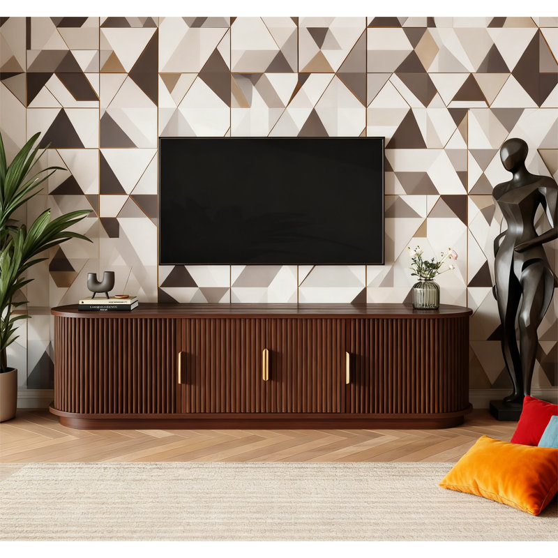 Farmhouse Wooden TV Stand with Sliding Tambour Door, Walnut