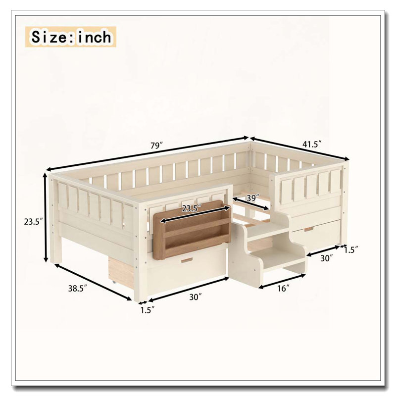 Lit en bois avec tablettes intégrées et tiroirs de rangement, Beige, Simple