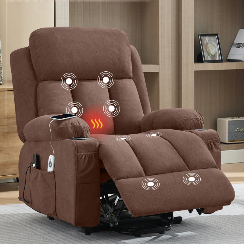 Power Lift Recliner Chair With Heat And Massage Electric Fabric Recliner Chair For Elderly With Side Pocket, Brown