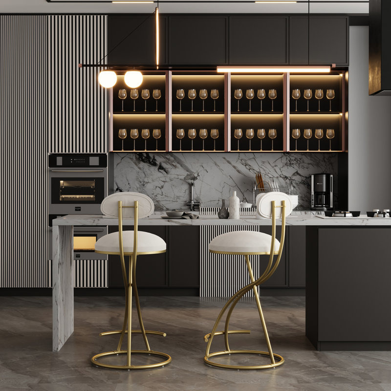 2 tabourets pour îlot de cuisine, velours blanc crème, structure en métal doré, poids maximal de 220 lb, charge de comptoir de construction, égratignure pour la maison