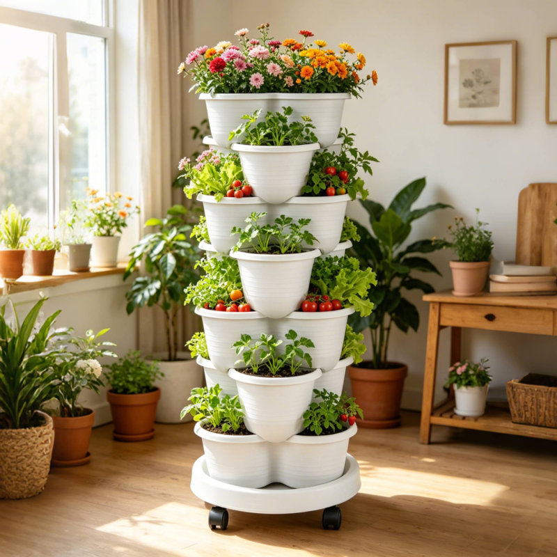 Pot à fleurs vertical à 7 étages avec poteau de soutien Strawberry, Blanc