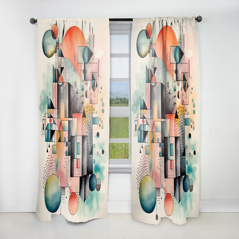 Elani - Rideau moderne à géométrie bleue et orange Balance IV - Velours obscurcissant - 1 panneau, L 52 po x L 95 po