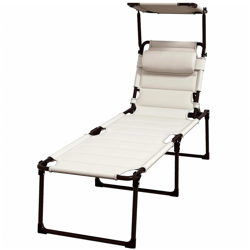 Outsunny Outdoor Lounge Chair, Adjustable Backrest Folding Chaise Lounge, Cushioned Tanning Chair w/Sunshade Roof & Pillow Headrest for Beach, Camping, Hiking, Gray