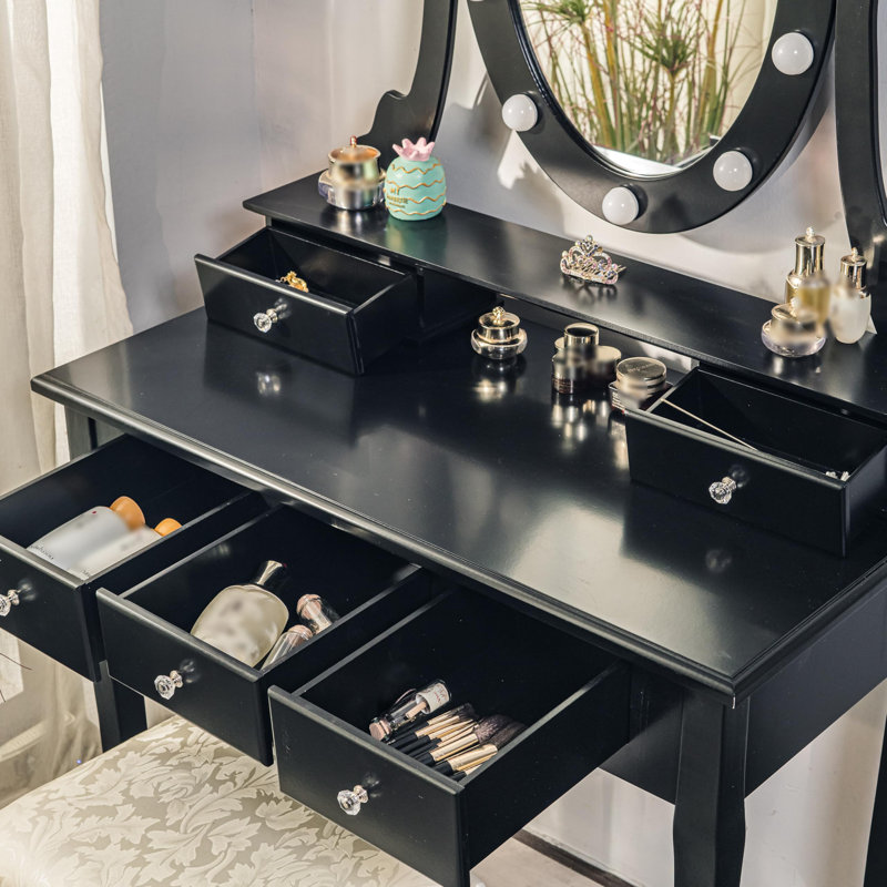Wood Makeup Vanity Set with Oval Mirror, LED Lights, 5 Drawers & Comfortable Stool, Vanity Desk and Study Table for Girls & Women, Black