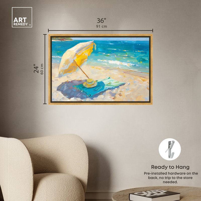Morning Beach View Colorful Coastal Canvas Wall Art with Gold Frame