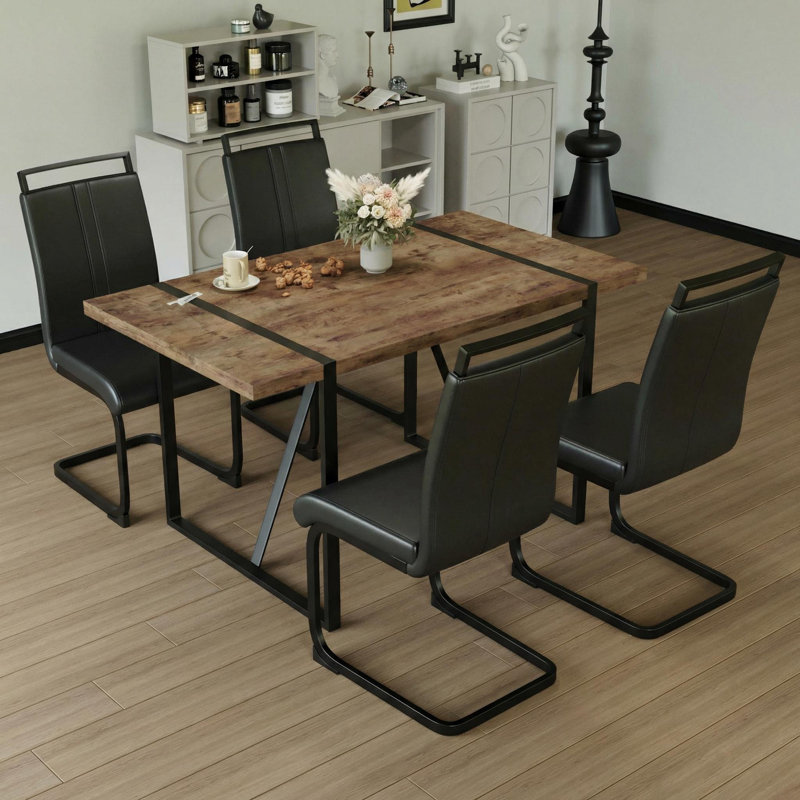 Modern Farmhouse 5-piece Dining Set With Rectangular Table & 4 Pu Leather Chairs, Black