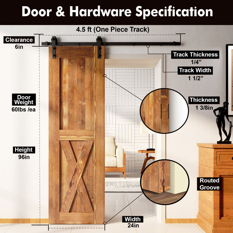 96-inch Brown Pine X-Panel Barn Door with Black Hardware