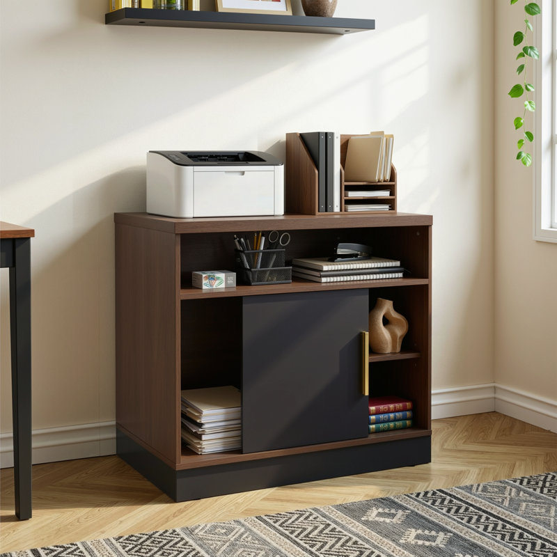 Adonia 31.5"W Wood Storage Cabinet With Door For Home Office With Adjustable Open Storage Shelves, Black Walnut