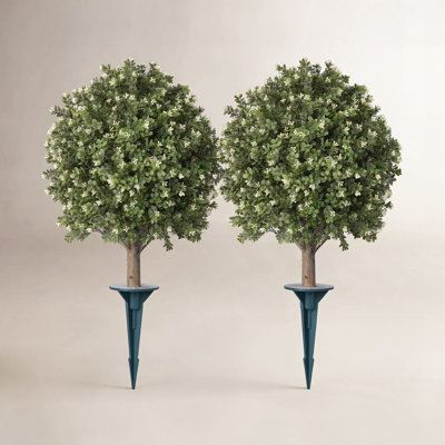 Ashwell Artificial Osmanthus Topiary Ball Tree With White Flowers & Ground Spike - UV Resistant Faux Boxwood Style Shrub For Front Porch Urns & Garden Landscape 