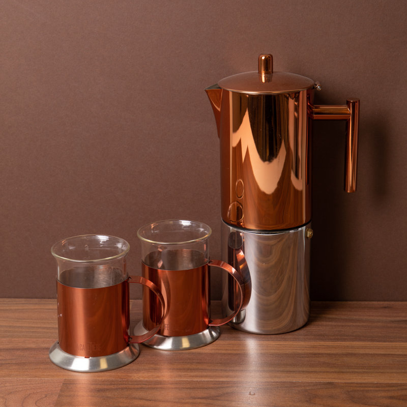 3pc Espresso Set including 10-Cup Copper Espresso Coffee Maker and Two Coffee Mugs