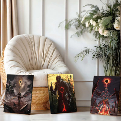 3 pièces d'art mural encadrées, ensemble d'art mural sur toile foncé fantaisie de 3, thème chevalier gothique et éclipse, décor de paysage de montagne mystique pour salon, chambre à coucher, salle de jeux, décoration médiévale fantaisie