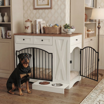 43.3" Furniture-Style Dog Crate with 3 Storage Drawers, Removable Feeder, Dual Doors – Heavy-Duty Wood Kennel for Medium to Large Dogs