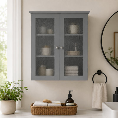 Removable Two-Door Wall Cabinet with Water-Textured Glass and Adjustable Shelves