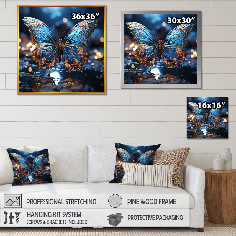 «Butterfly Watery Blues» sur toile, Cadre doré simple, H 16 po x l 16 po x P 1 po