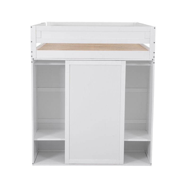 Lit mezzanine en bois avec placards et bureau à 2 tiroirs avec armoire, Complet/Double