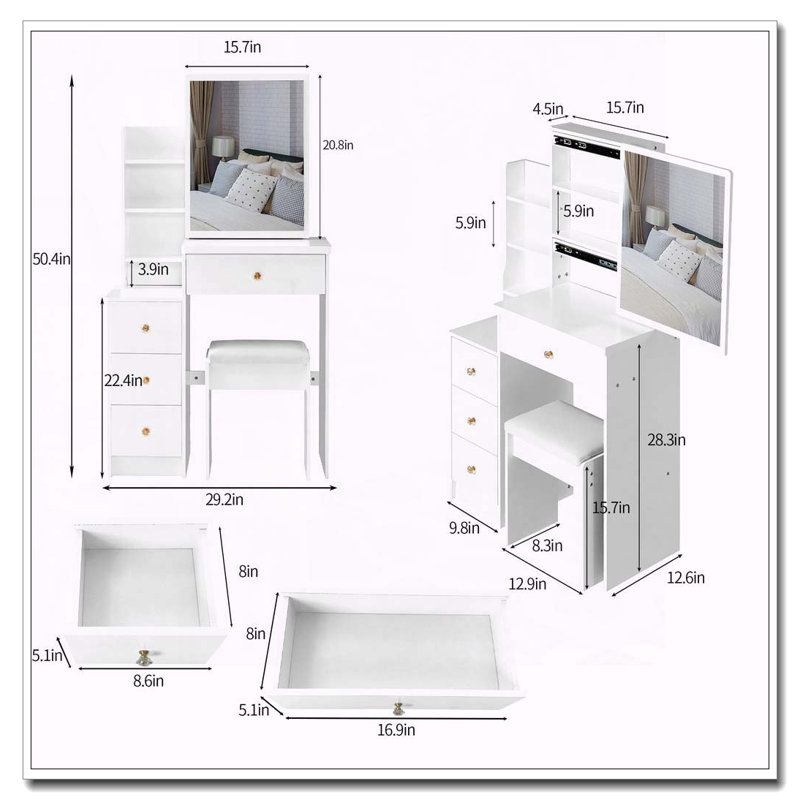 29.2" Small Space Vanity Table with Sliding Mirror, Stool and High Capacity Storage, White