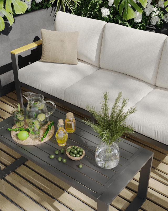 Causeuse en aluminium avec table basse, beige - Ensemble d'extérieur résistant aux intempéries pour patio, balcon ou terrasse