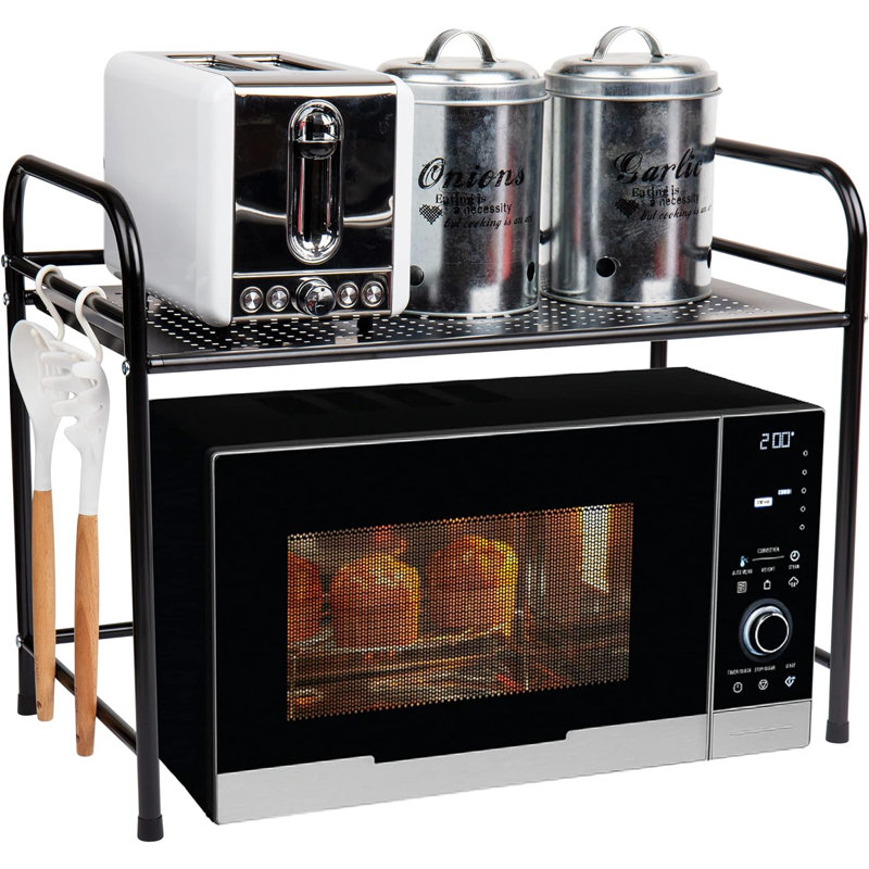 Black Metal Microwave Stand with Hooks and Shelf