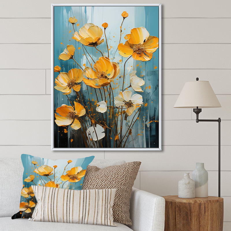 Buttercups Urban Florals sur toile, Cadre flottant blanc, H 20 po x l 12 po x P 1 po