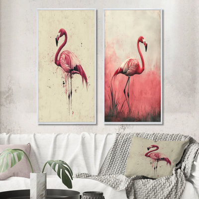 Réflexions de flamants tropicaux dans les eaux roses I - animaux, collection d'art mural 2 panneaux