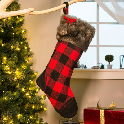 21"L Fur Black/Red Buffalo Plaid Stocking
