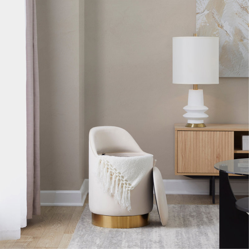Tabouret de coiffeuse 18 po avec pivot en métal doré et velours crème, Cream/Gold