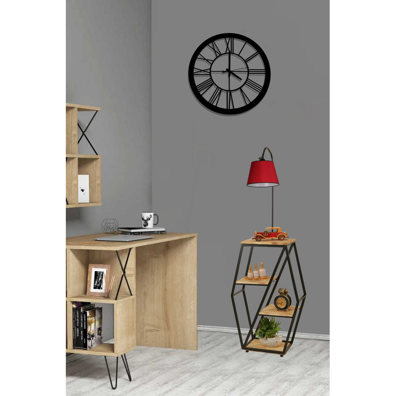 Lampe sur pied moderne avec structure en métal et bibliothèque 100% bois de sapin, hauteur 65,0 pouces | Peinture électrostatique séchée au four, couleur rouge | Douille E27, 40 W maximum | Éclairage élégant et rangement fonctionnel pour la décoration intérieure