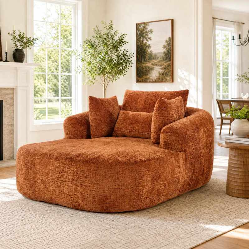 Indoor Chaise Lounge, Oversized Chaise Lounge Chair, Upholstered Lounge Chair for Living Room & Bedroom, Orange