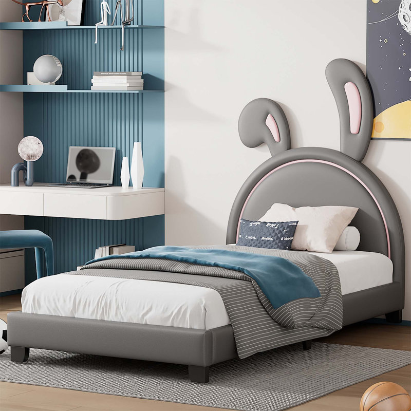 Lit plateforme tapissier en similicuir, Simple, Gris