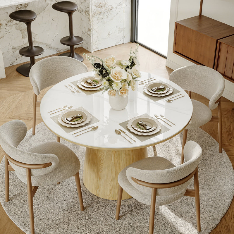 Maxwell 47" Round Dining Table for 4-6, Sintered Stone Tabletop with Solid Oak Base, Oak