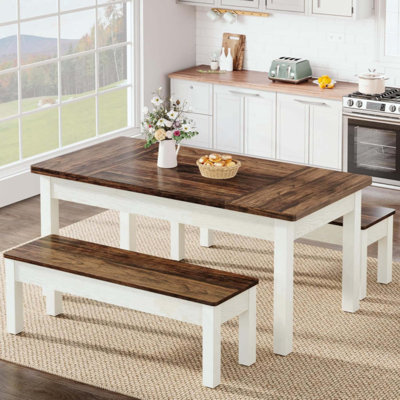 3-Piece Dining Table Set With Benches – 55" Farmhouse Kitchen Table Set For 4-6 People