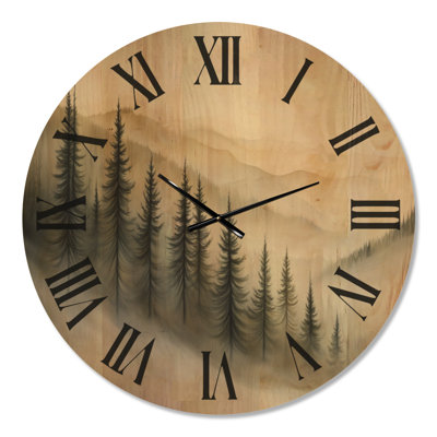 Foggy Evergreen Forest III - Cabin Round Wall Clock, Printed on Wood
