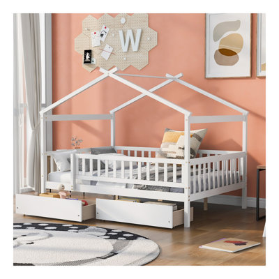 Full Size Wooden House Bed With Two Drawers, White