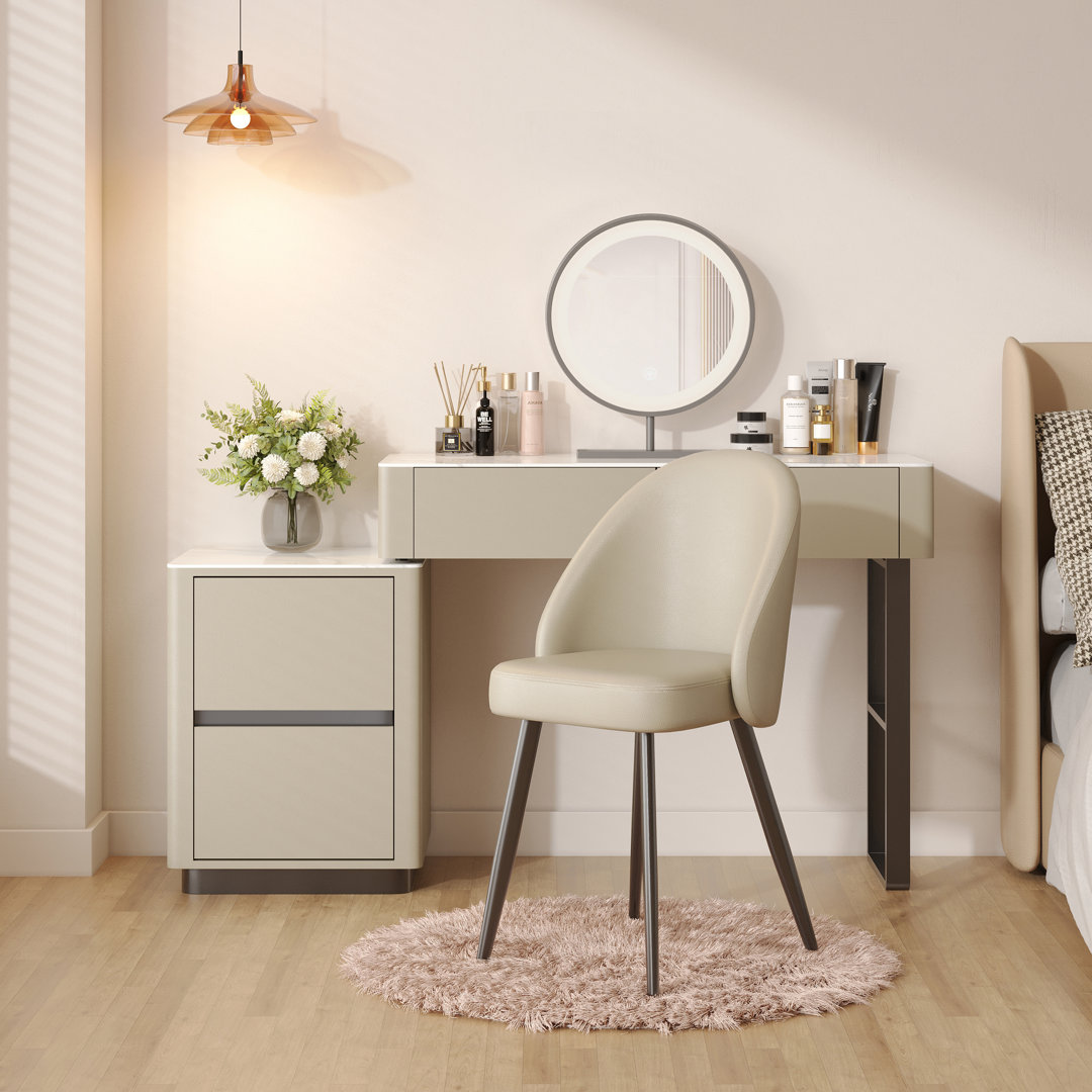 Edorta 55.12'' W Solid Wood Makeup Vanity Set with Lighted Mirror and Chair Stool Faux Leather Vanity Set Hokku Designs