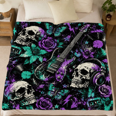 Couverture en flanelle à motif de crâne et guitare électrique gothique (1 pièce) - Réglable sur une face, résistante, douce et chaude, lavable à la machine, idéale pour la décoration intérieure et extérieure, disponible en plusieurs tailles, cadeau parfait pour les mélomanes. Convient également pour la literie et le canapé.