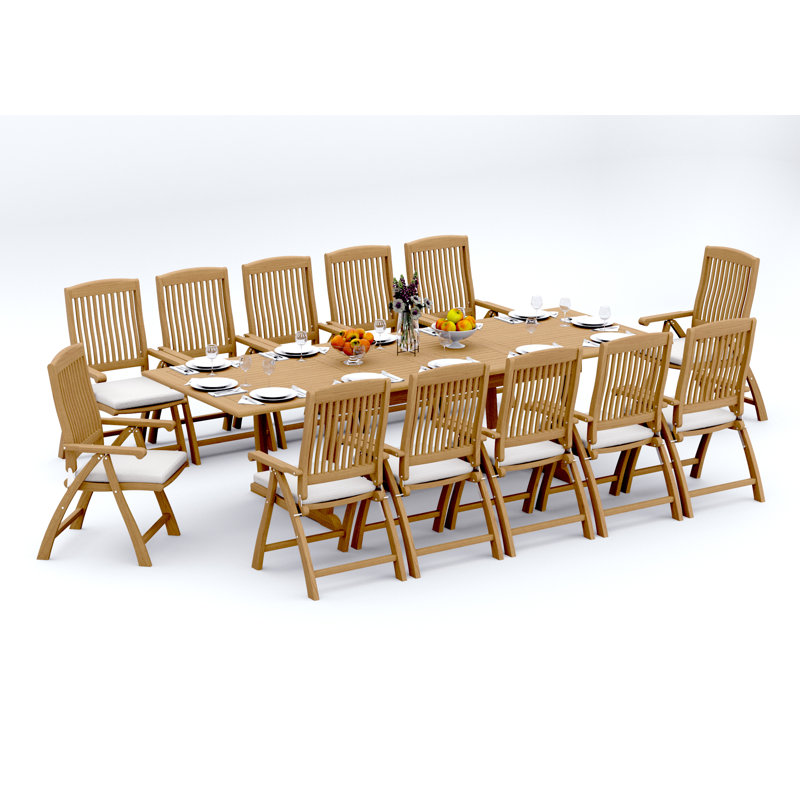 11 Pcs Grade-A Teak Wood Dining Set: 118" Double Extension Mas Rectangle Trestle Leg Table  Marley Folding Reclining Arm Chairs #11MR2510