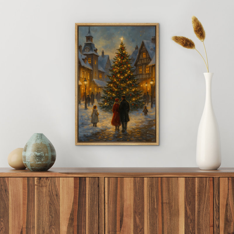 Arbre de Noël romantique, place de ville en hiver, scène de soirée encadrée sur toile, art mural, Naturel