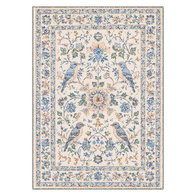 Aura Floral Machine Washable Beige / Blue Indoor Area Rug with Non-Slip Backing
