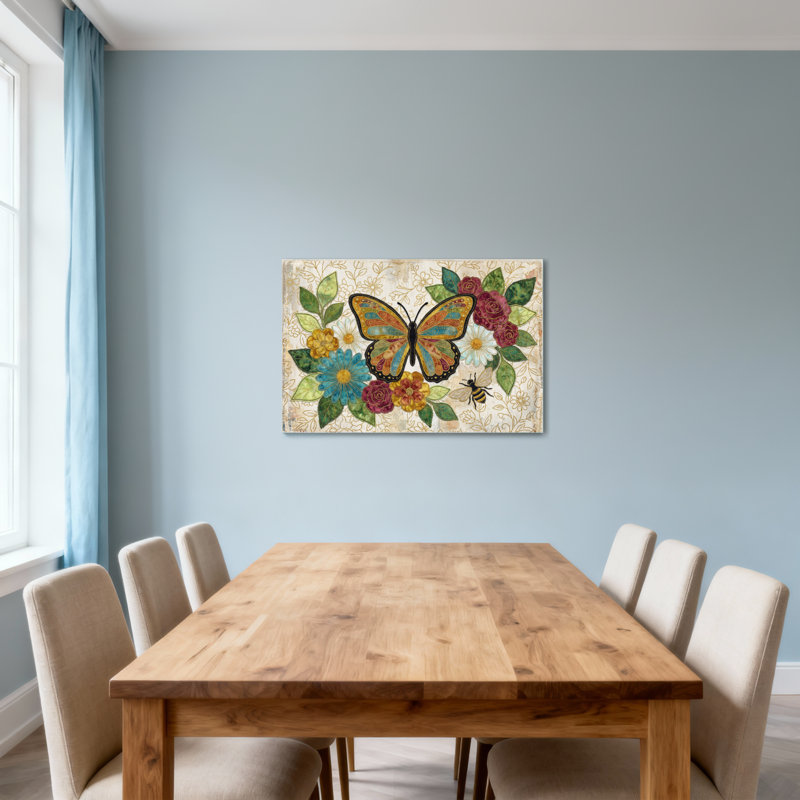Animals Butterfly Flowers Bee Leaves Pattern Artwork Canvas Print