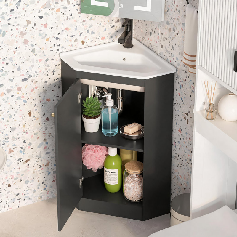 Meuble-lavabo de coin mural noir de 24 pouces avec lavabo en céramique, convenant aux petites zones de dressage de la salle de bain (robinet non inclus).