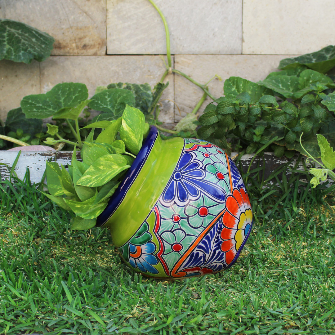 Talavera 10"H White and Green Talavera Ceramic Tilted Chata Planter Bungalow Rose