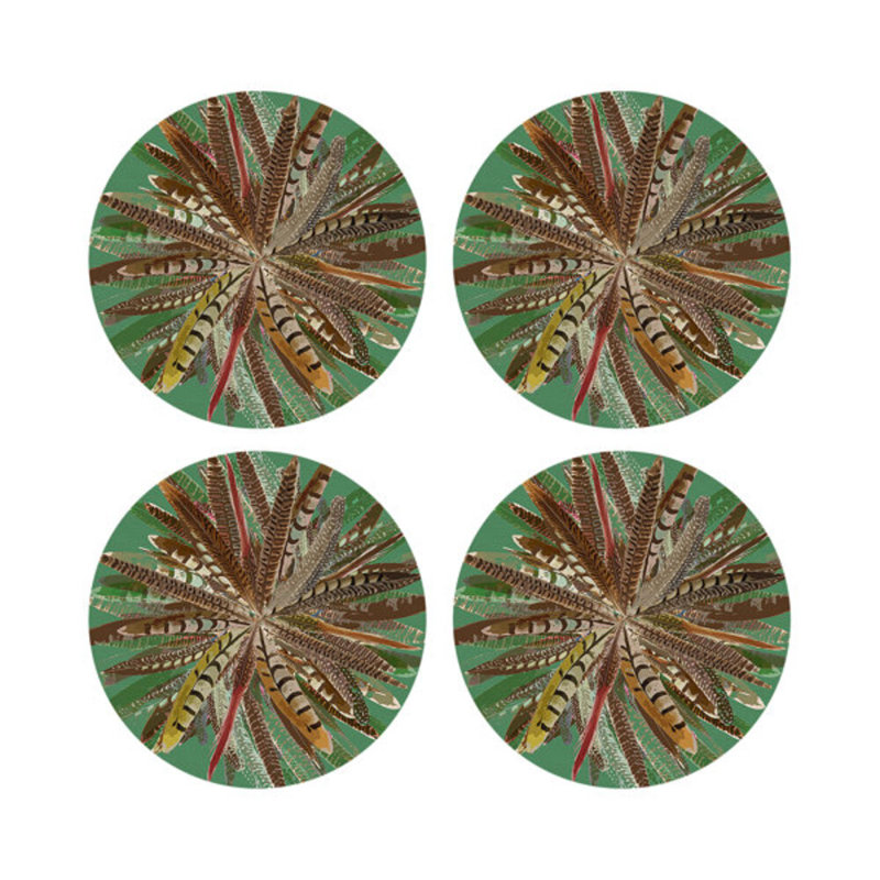 Pheasant Feathers Vegan Leather Round Pebble Placemat, Green