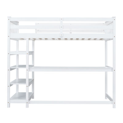 Lit mezzanine avec tablettes de rangement et bureau sous le lit
