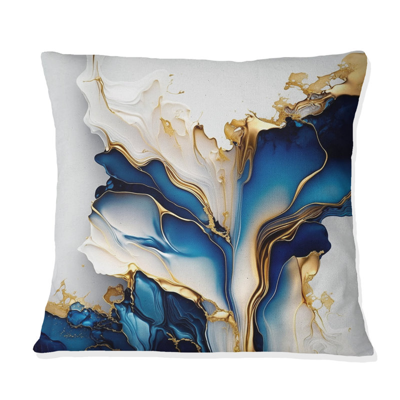 Forme géométrique abstraite en marbre doré et bleu III - Coussin abstrait en marbre, Carré, 18" x 18"