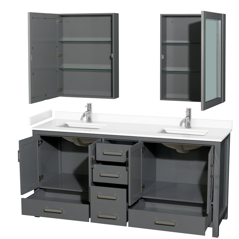 Sheffield 80" Bathroom Vanity Set with Mirror and Medicine Cabinet, White Cultured Marble, Espresso, 72" W