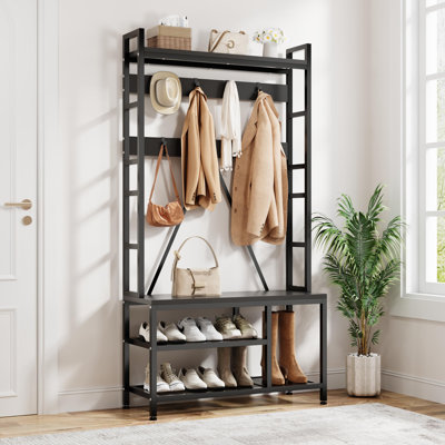 Portemanteau avec banc à chaussures, portemanteau à 3 niveaux avec 8 crochets et tablette supérieure, banc d'entrée avec cadre en métal robuste avec portemanteau pour vestibule, couloir et vestibule