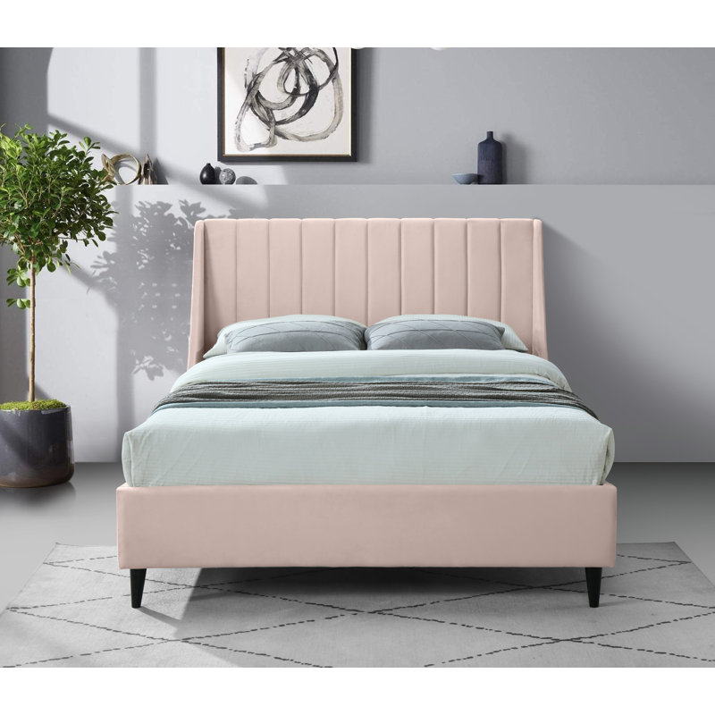 Eva Upholstered Low Profile Platform Bed, King, Pink Velvet