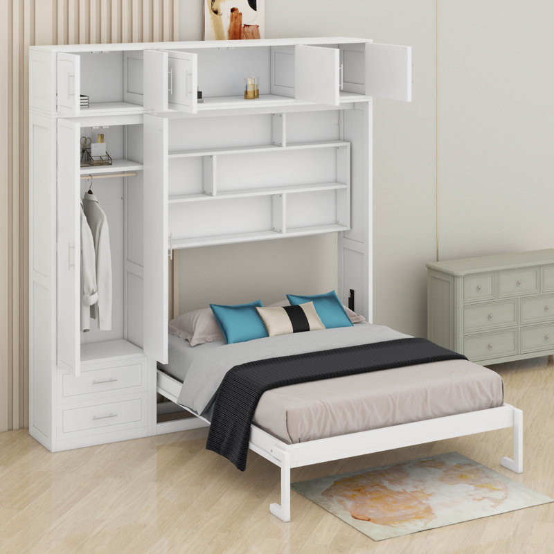 Grand lit escamotable grand format avec armoire supérieure, tablettes et garde-robe, pliable au mur, Blanc