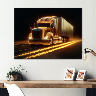 Yellow Neon Semi Truck - Neon Car Metal Wall Art